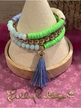 Lilly Pulitzer Green, Blue, Gold, White Beaded Bracelet Stack of 3 NWT